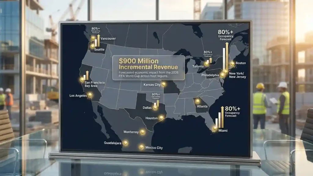 Heat map showing the projected $900 million revenue impact and 80% occupancy rates for hotels in 2026 World Cup host cities.