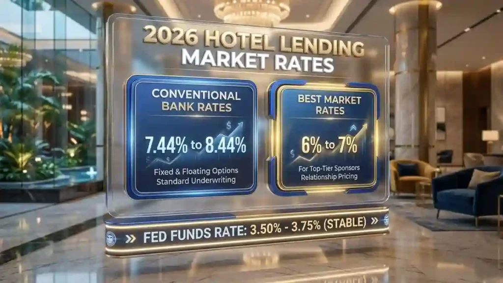 Financial dashboard comparing the best hotel construction loan rates and interest rate trends for 2026.