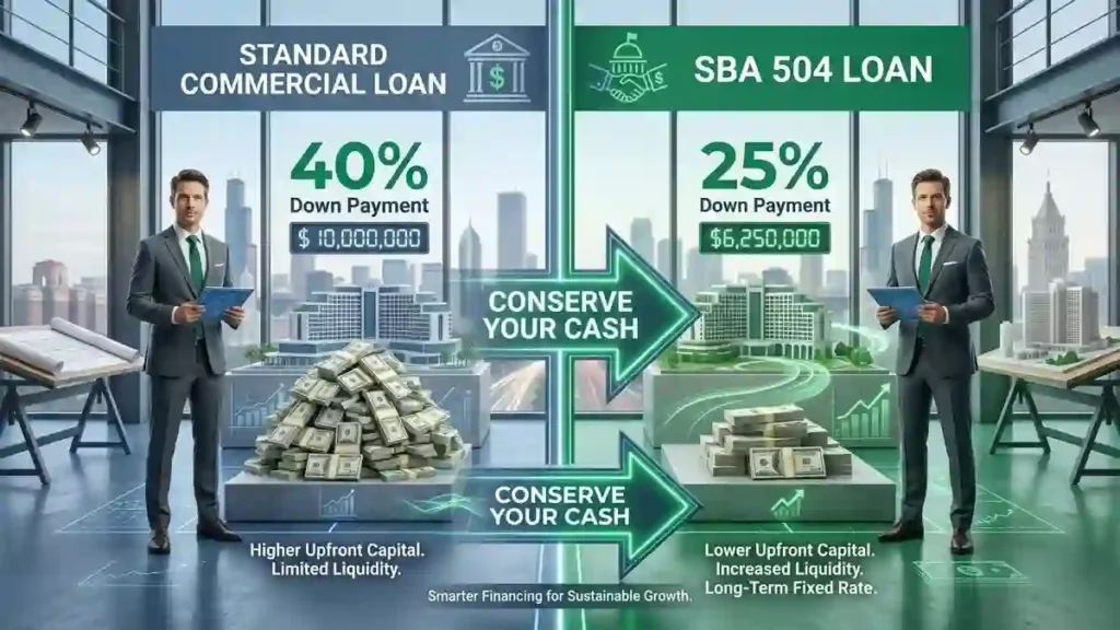 Comparison chart showing the lower down payment requirements of an SBA hotel construction loan versus standard commercial hotel construction financing.