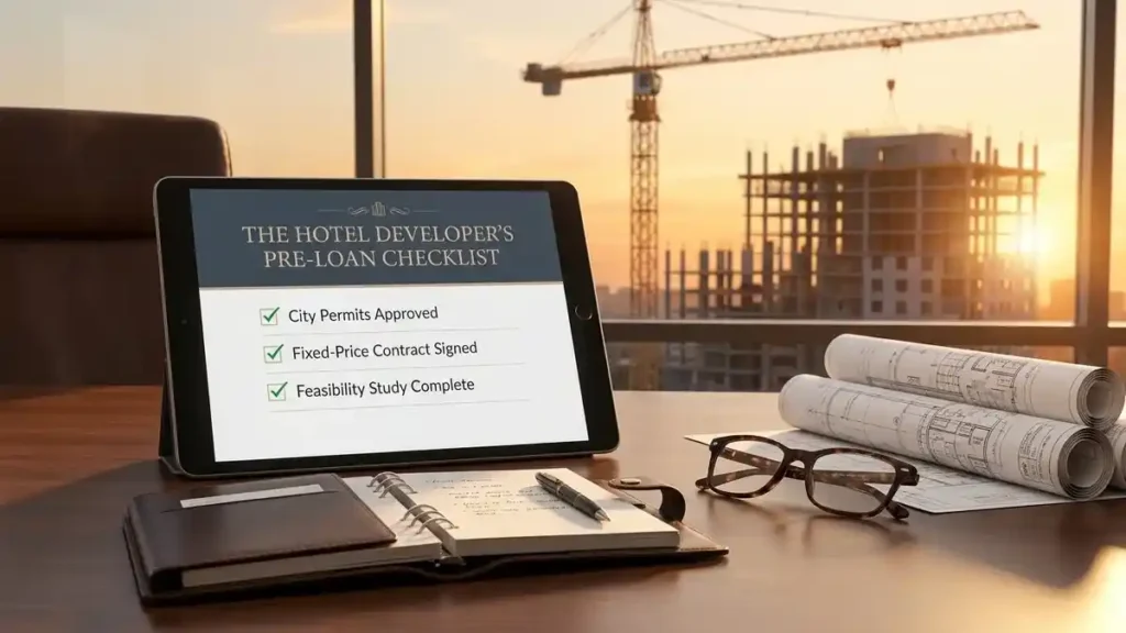 A professional checklist for developers featuring the steps to secure a hotel construction loan including permits and contracts.