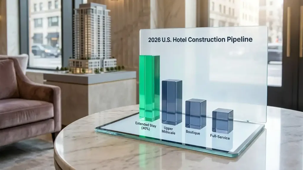 3D bar chart showing extended-stay hotel projects representing 40% of the U.S. construction pipeline in 2026.