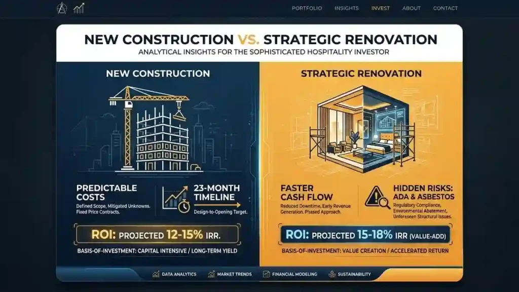 Comparison infographic of hotel renovation financing vs new construction requirements, detailing build times and hidden cost risks for hospitality real estate investors.
