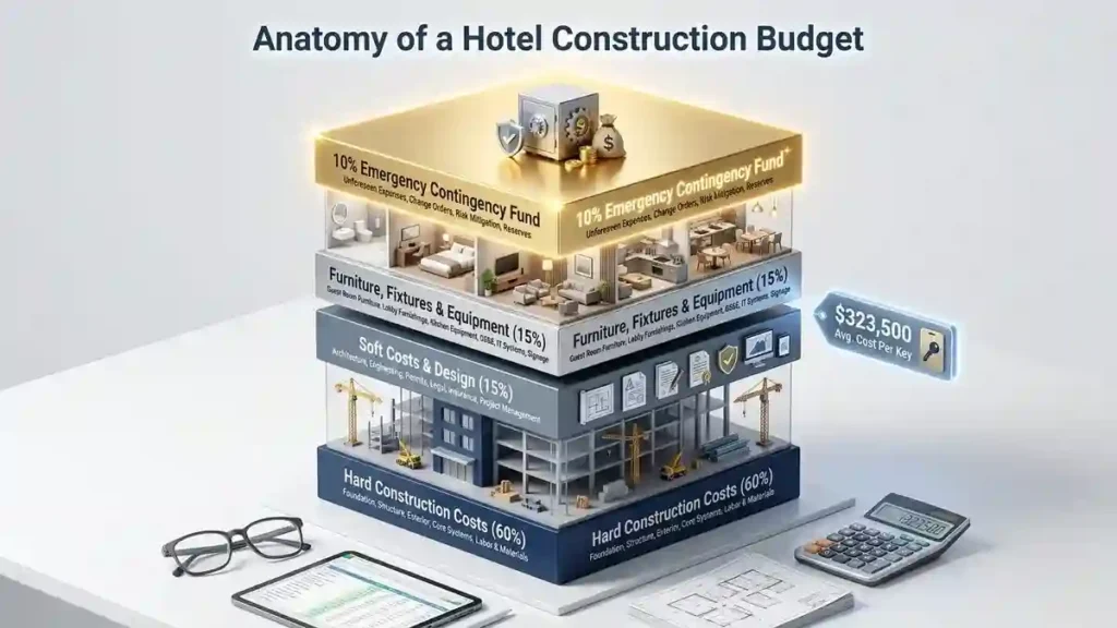 Infographic showing a hotel construction budget breakdown including hard costs, soft costs, and emergency contingency funds.