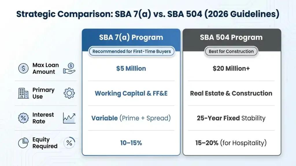 Comparison chart of SBA 7(a) and SBA 504 hotel loan terms in 2026, detailing interest rates, equity requirements, and loan limits for hospitality investors