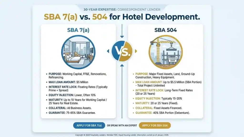 Infographic comparing SBA 504 and 7a loan requirements for hotel construction and renovation projects in 2026.