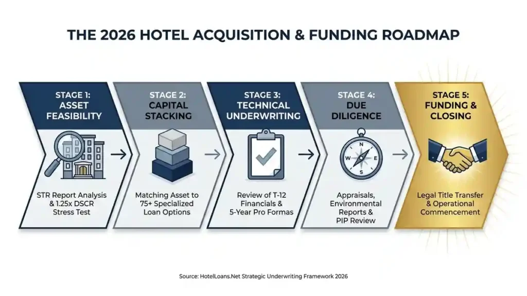 Infographic showing the 5-stage hotel acquisition and financing process in 2026, detailing feasibility analysis, capital stacking, underwriting, and final closing steps for hospitality investors.