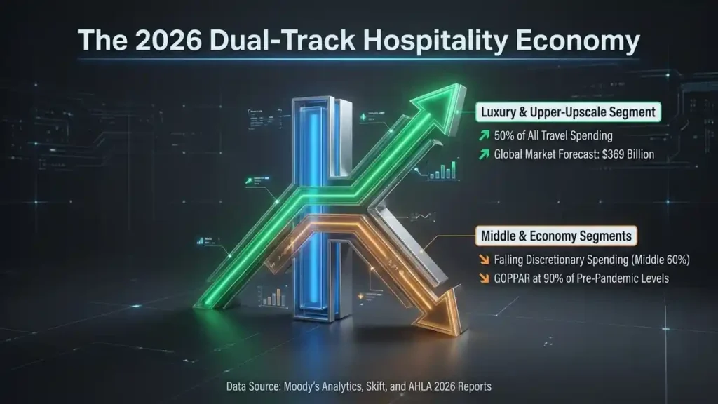 Infographic explaining the 2026 K-shaped economy in the U.S. hotel industry, showing how the top 10% of earners drive luxury travel spending while mid-market spending fluctuates.