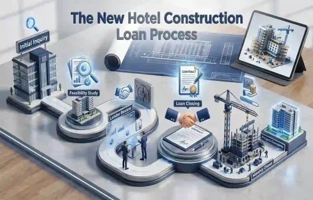 A visual roadmap of the new hotel construction loan process showing milestones from initial inquiry to construction draws.