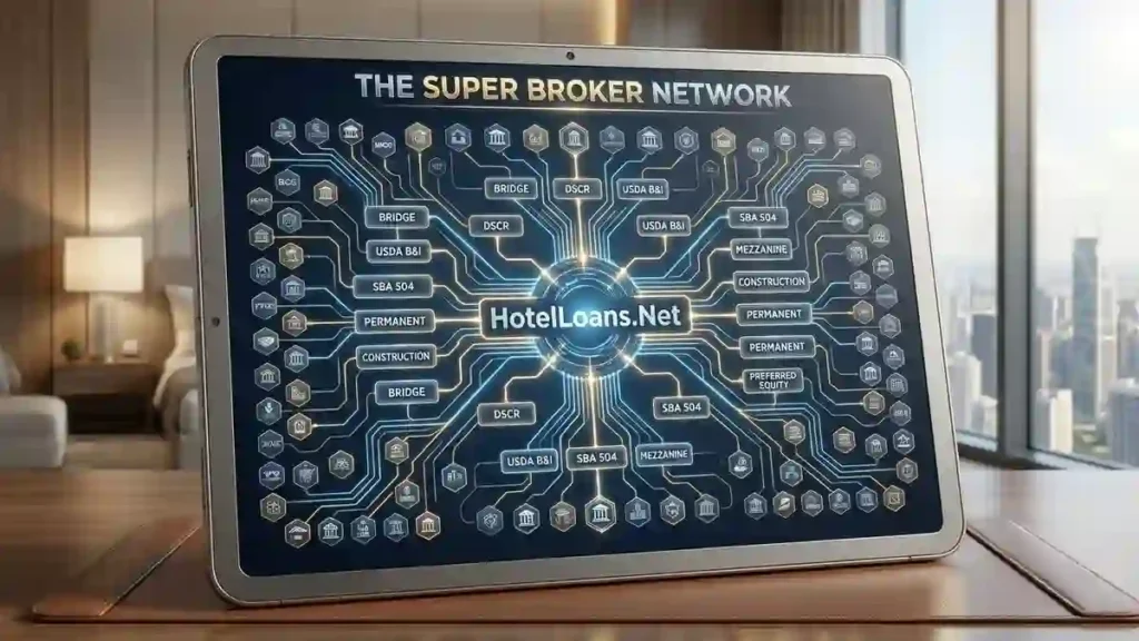 Flowchart illustrating the HotelLoans.Net platform connecting hospitality investors to 200 private lenders and 75 distinct hotel construction financing options.