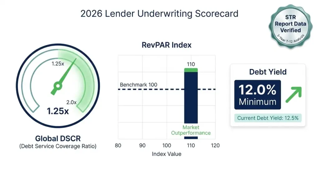 Underwriting dashboard for 2026 hotel loans showing key lender metrics including a 1.25x Global DSCR, 12% Debt Yield, and 100+ RevPAR Index for hospitality acquisition financing.