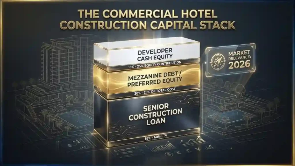 Infographic showing commercial hotel construction financing layers including senior loans and mezzanine debt for a new hotel project.