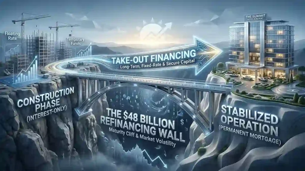 Infographic explaining a hotel construction loan exit strategy and the transition to a permanent mortgage to avoid the refinancing wall.