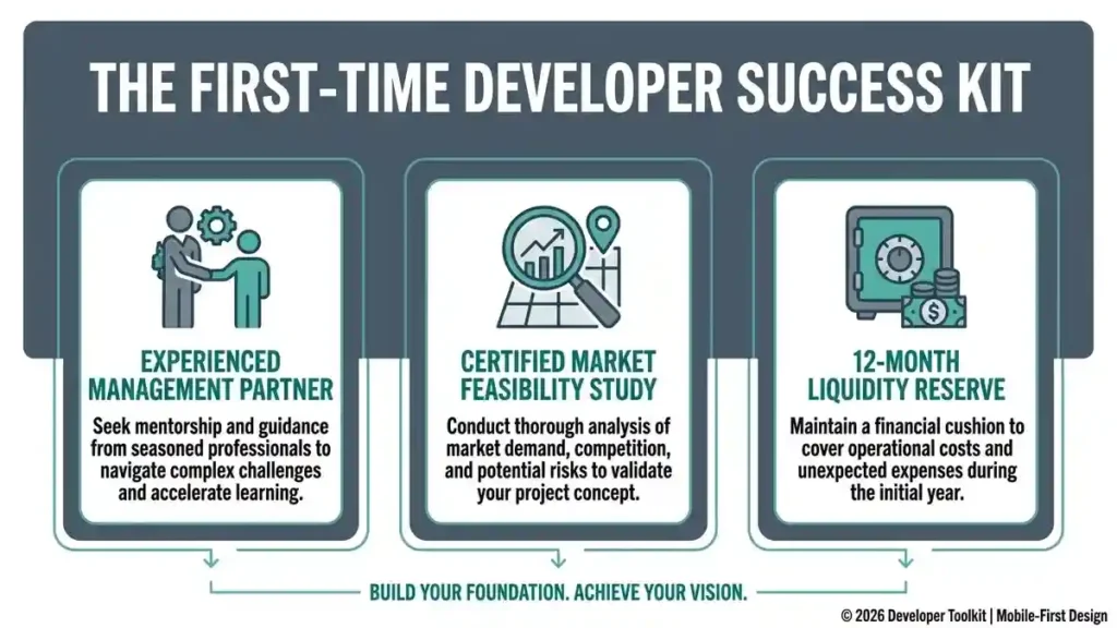 Checklist showing how first-time developers can qualify for a hotel construction loan using management partners and feasibility studies.