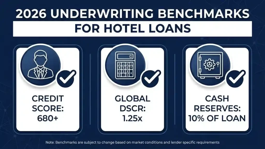 Infographic showing 2026 requirements for hotel construction loans including credit scores and cash reserves.