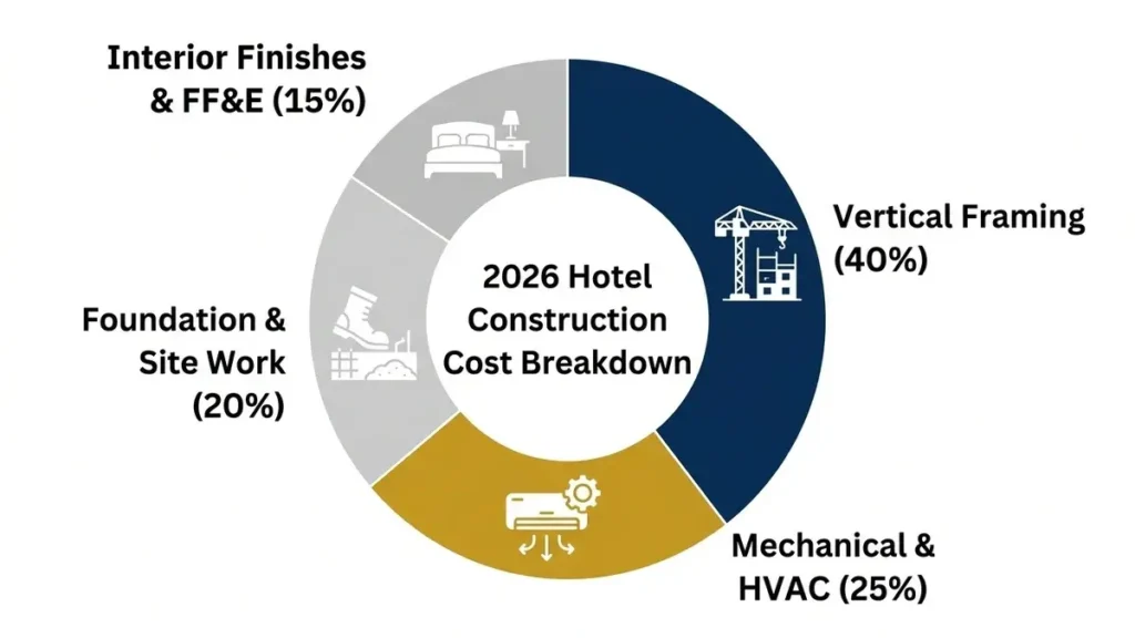 Donut chart showing the budget allocation for a ground-up hotel construction project.