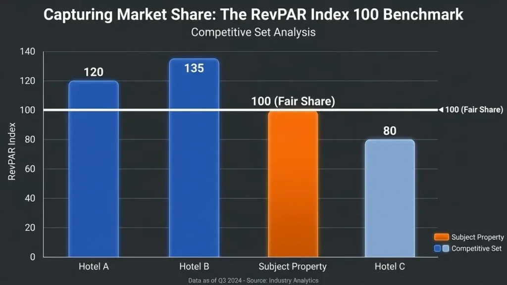 Bar chart showing the RevPAR Index 100 benchmark used to qualify for a hotel construction loan.