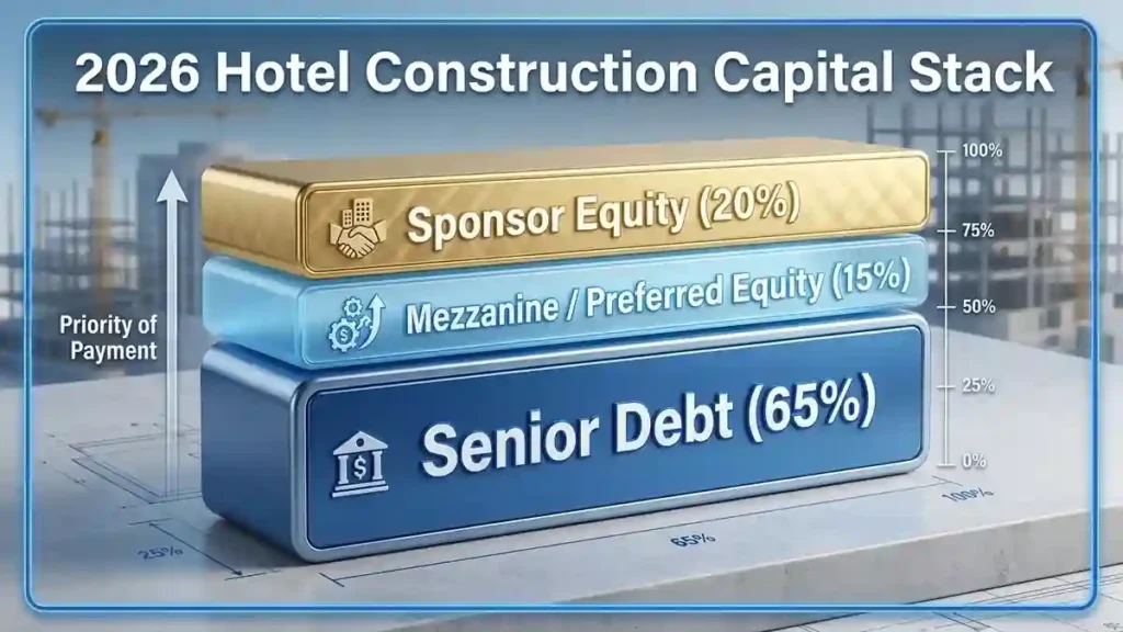 A capital stack diagram showing the layers of debt and equity required for a 2026 hotel construction loan.