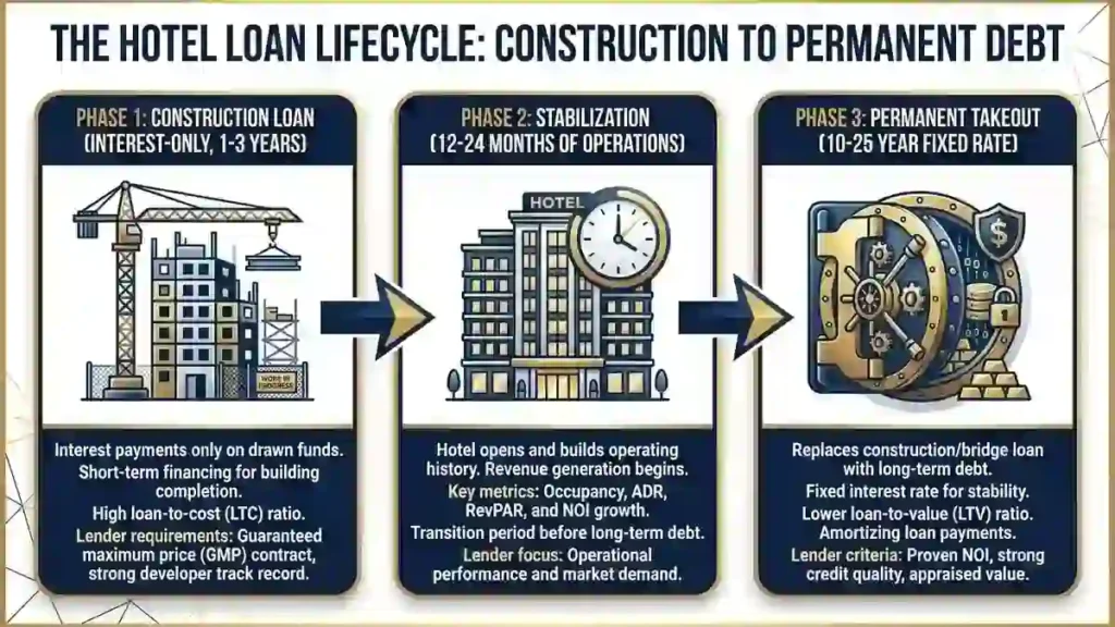 Flow diagram showing the transition from a short-term hotel construction loan to long-term permanent financing.