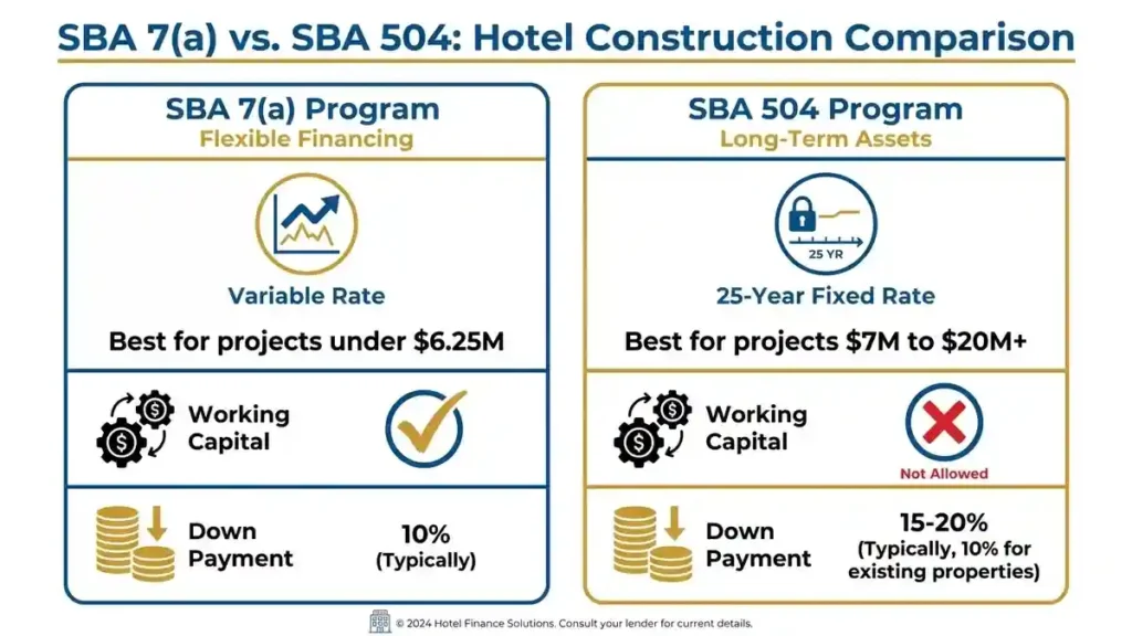 Infographic comparing SBA 7(a) and 504 loan programs for new hotel construction projects.