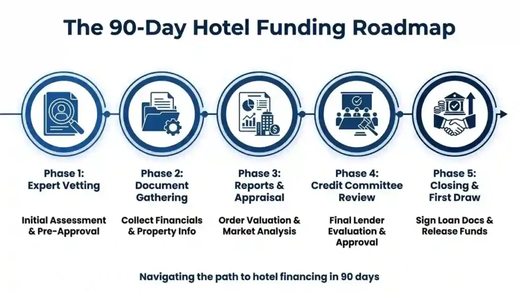 A 90-day roadmap showing the five phases to secure hotel development financing from vetting to closing.